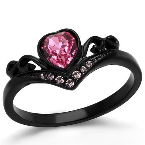 Elegant Women Stainless Steel Ring with Synthetic Crystal in Rose Color and IP Black Finish.