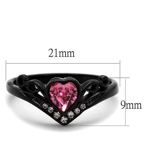 Elegant Women Stainless Steel Ring with Synthetic Crystal in Rose Color and IP Black Finish.