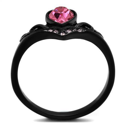 Elegant Women Stainless Steel Ring with Synthetic Crystal in Rose Color and IP Black Finish.