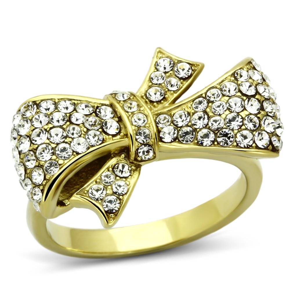 Elegant women’s stainless steel ring with synthetic crystal and IP gold plating, showcasing a clear and sparkling design.