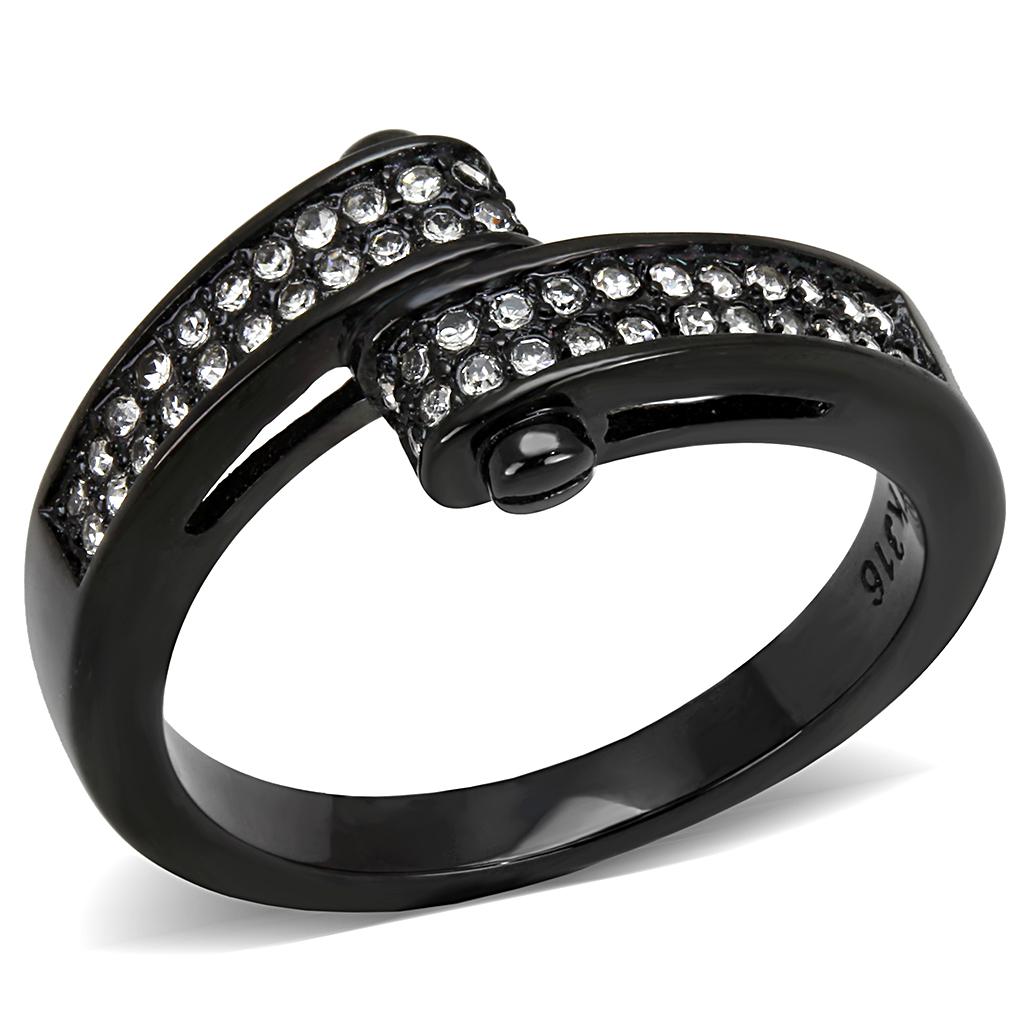 A stylish women's ring made of stainless steel with a synthetic crystal, featuring an IP black ion plating finish.