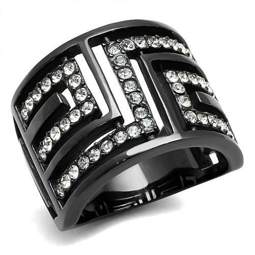 A stylish women's stainless steel ring featuring a light black finish and clear synthetic crystals, elegantly designed for modern fashion.