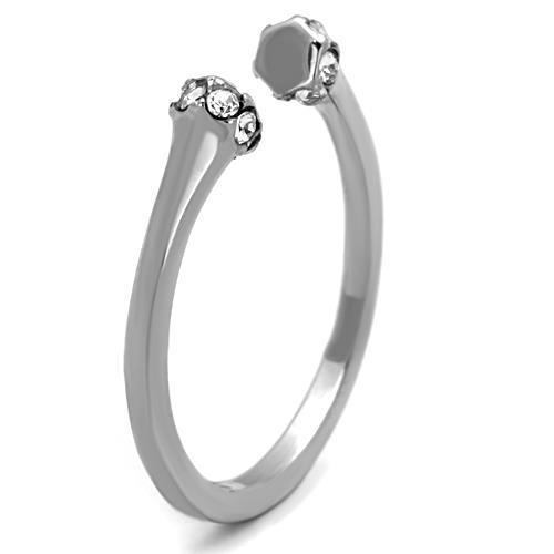 A beautiful women's stainless steel ring featuring a high polished finish and a clear synthetic crystal centerpiece, perfect for elegant occasions.