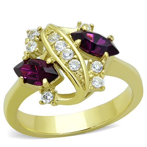 A stylish women's stainless steel ring featuring a synthetic amethyst crystal, elegantly plated in IP gold for a luxurious finish.