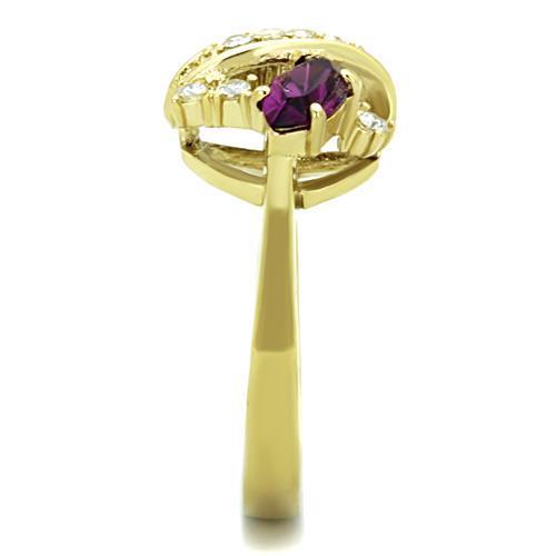 A stylish women's stainless steel ring featuring a synthetic amethyst crystal, elegantly plated in IP gold for a luxurious finish.