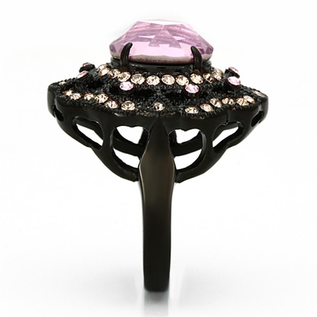A stylish women's stainless steel ring featuring a light rose oval synthetic crystal with IP black ion plating.
