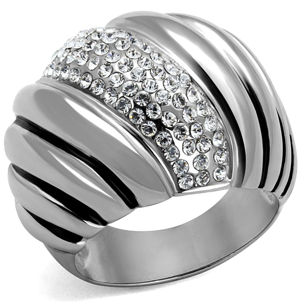 A beautiful women's stainless steel ring featuring a high polished finish and a clear synthetic crystal, showcasing elegance and durability.