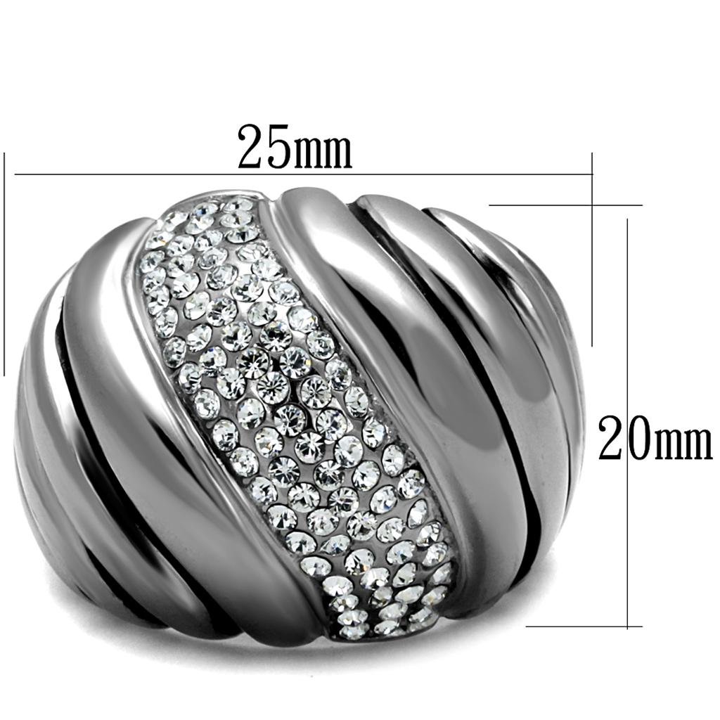 A beautiful women's stainless steel ring featuring a high polished finish and a clear synthetic crystal, showcasing elegance and durability.