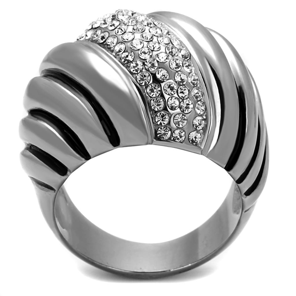 A beautiful women's stainless steel ring featuring a high polished finish and a clear synthetic crystal, showcasing elegance and durability.