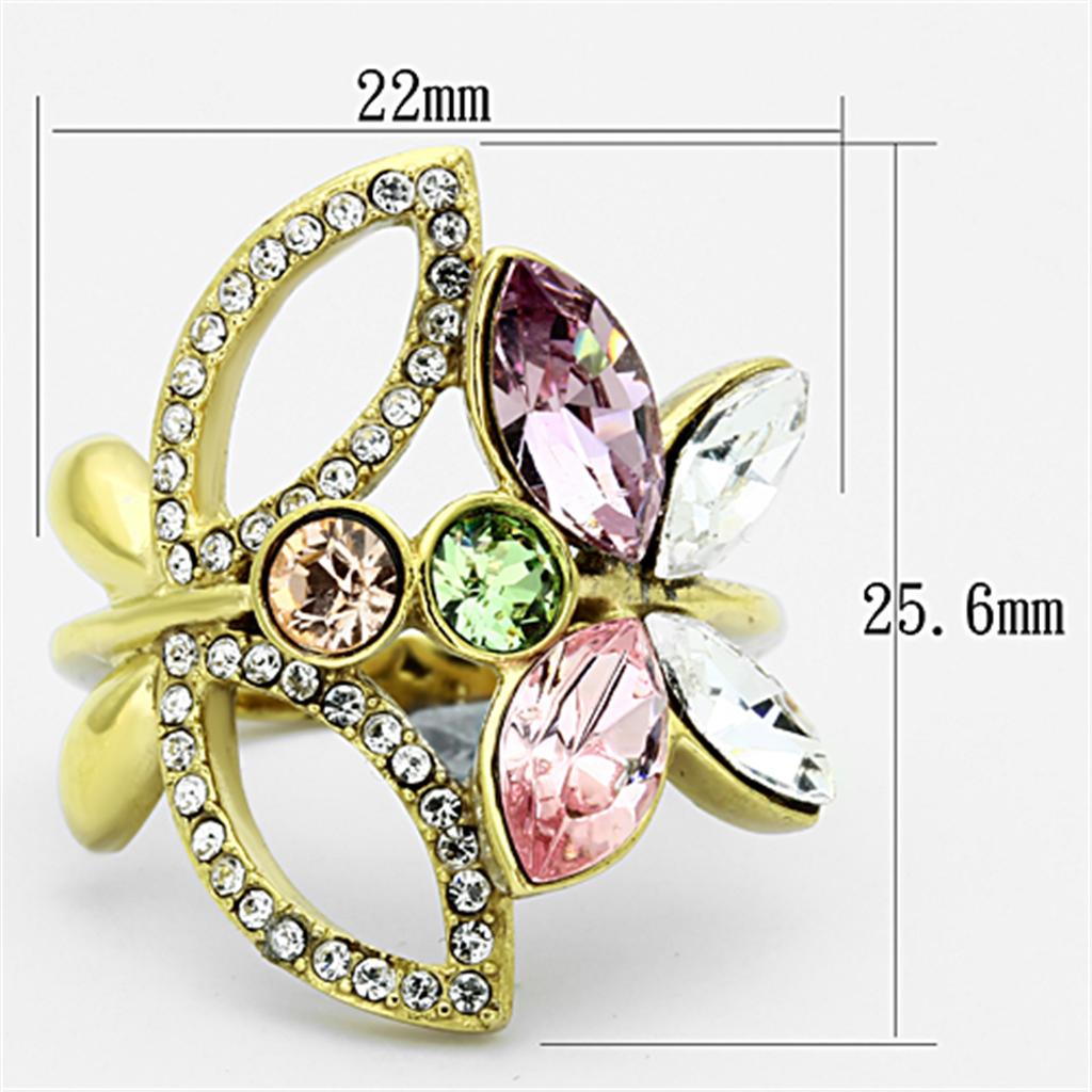 A collection of Women Stainless Steel Synthetic Crystal Rings featuring vibrant colors and IP gold plating.