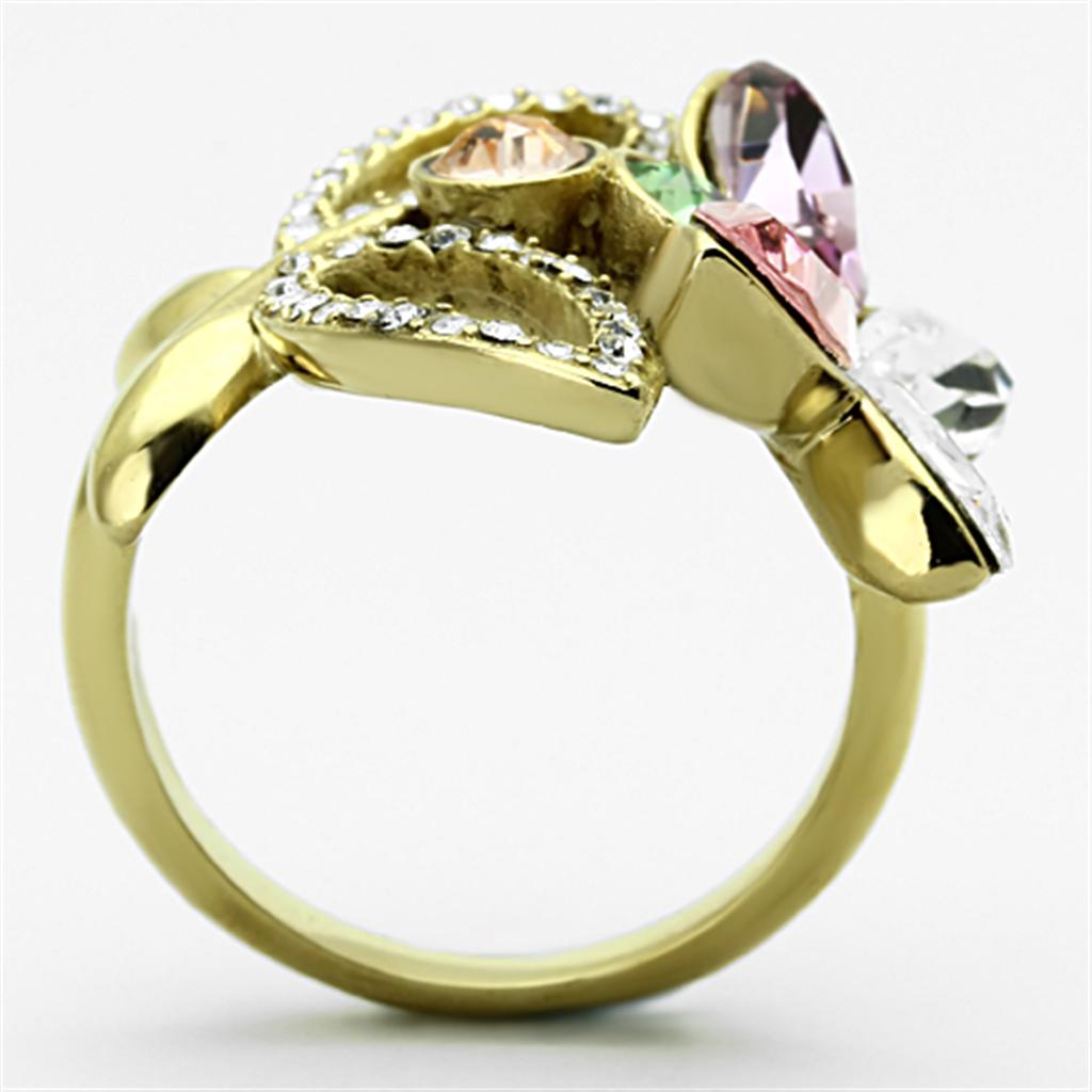 A collection of Women Stainless Steel Synthetic Crystal Rings featuring vibrant colors and IP gold plating.