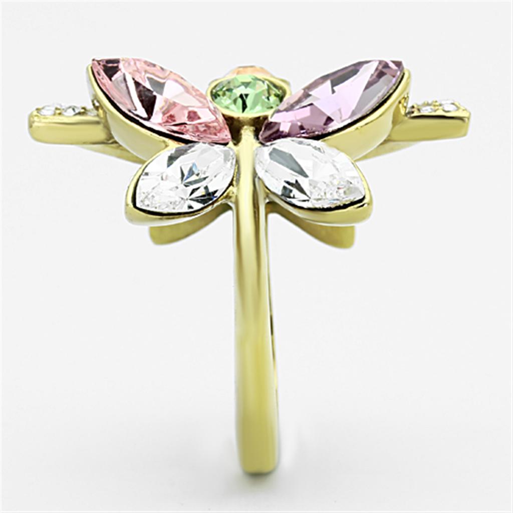 A collection of Women Stainless Steel Synthetic Crystal Rings featuring vibrant colors and IP gold plating.