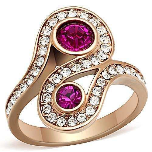 A stylish women's stainless steel ring featuring synthetic fuchsia crystals and an IP rose gold finish, showcasing elegance and durability.