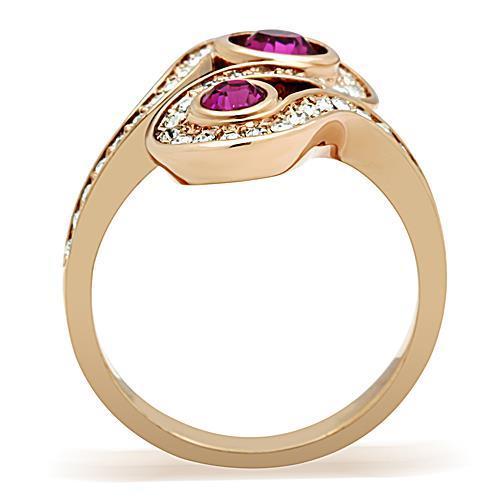 A stylish women's stainless steel ring featuring synthetic fuchsia crystals and an IP rose gold finish, showcasing elegance and durability.