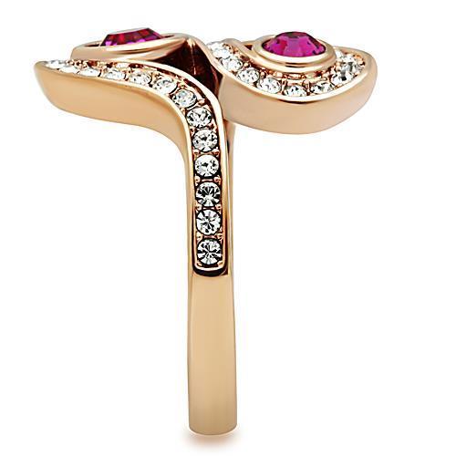 A stylish women's stainless steel ring featuring synthetic fuchsia crystals and an IP rose gold finish, showcasing elegance and durability.