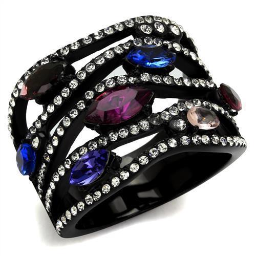 A collection of Women Stainless Steel Synthetic Crystal Rings featuring vibrant colors and IP black ion plating.