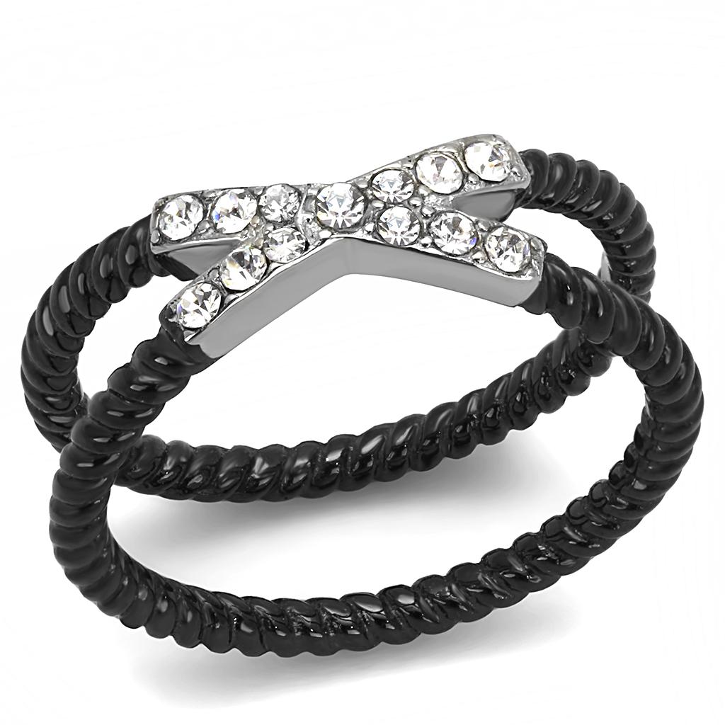 A stylish women's stainless steel ring featuring synthetic crystals and a two-tone black ion plating design.
