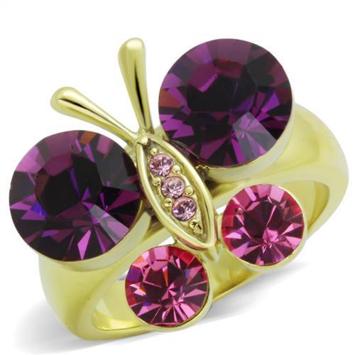 Elegant women’s stainless steel ring with synthetic amethyst crystal and IP gold plating.