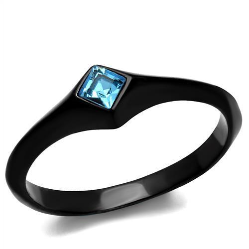 A stylish women’s stainless steel ring featuring a sea blue synthetic crystal and IP black ion plating, showcasing elegance and durability.