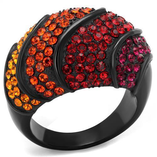 A collection of women's stainless steel rings featuring synthetic crystals in various vibrant colors with IP black ion plating.