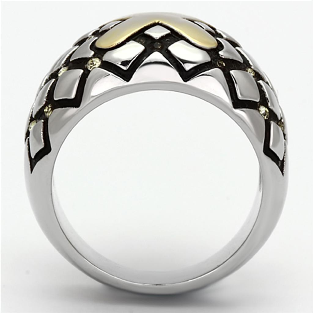 Elegant women’s stainless steel ring with synthetic citrine crystal and two-tone gold plating.