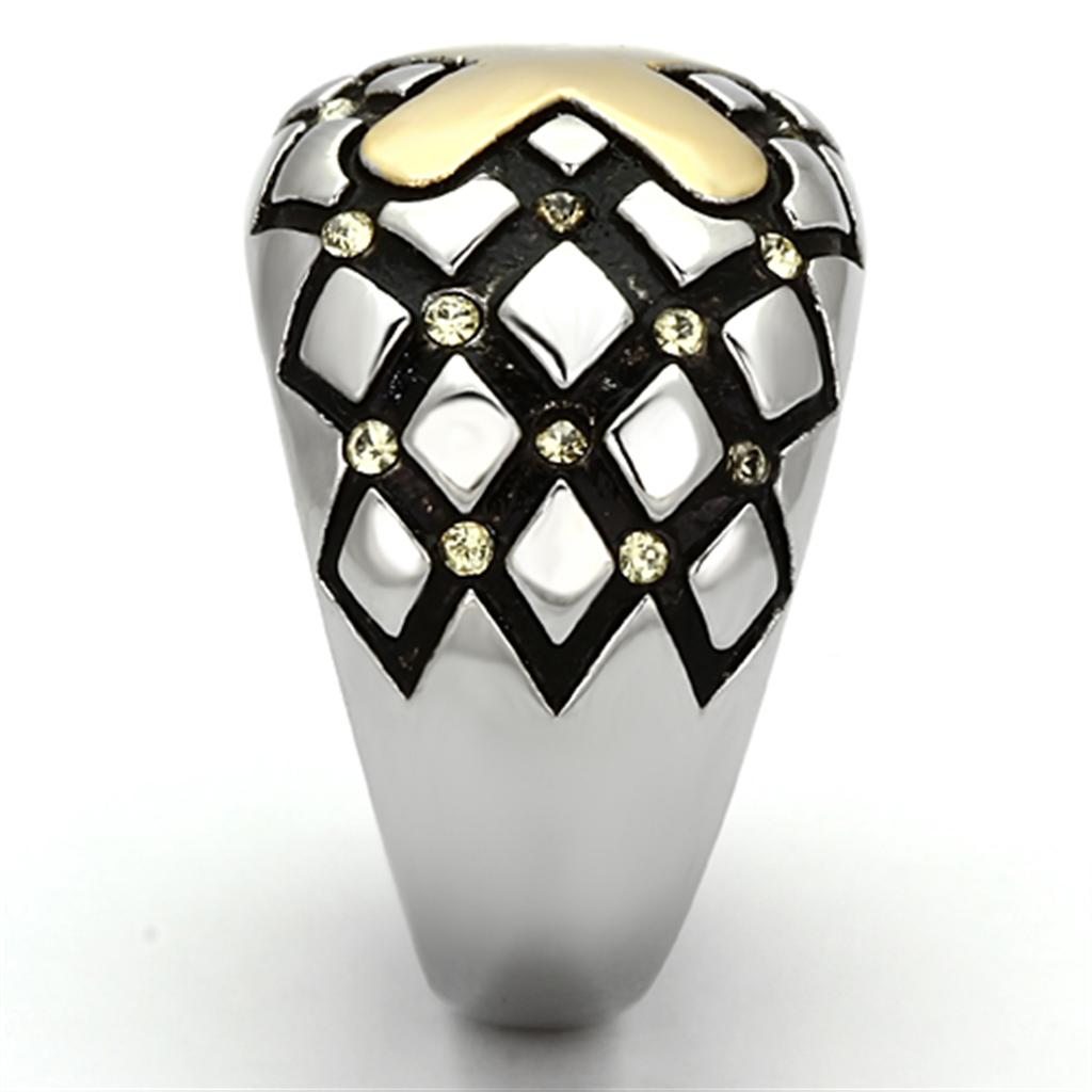 Elegant women’s stainless steel ring with synthetic citrine crystal and two-tone gold plating.