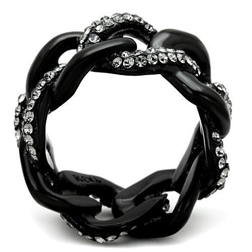 Elegant women’s stainless steel ring featuring synthetic black diamond and IP black ion plating.