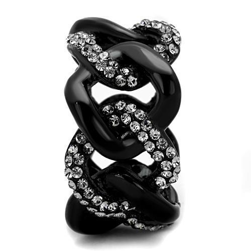 Elegant women’s stainless steel ring featuring synthetic black diamond and IP black ion plating.