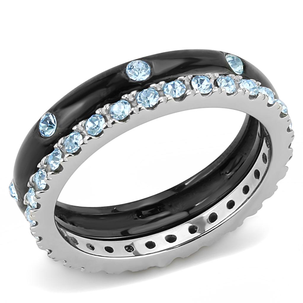 Elegant women’s stainless steel ring with sea blue synthetic crystal and two-tone black ion plating.