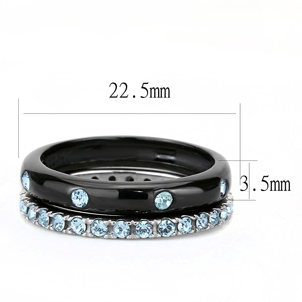 Elegant women’s stainless steel ring with sea blue synthetic crystal and two-tone black ion plating.