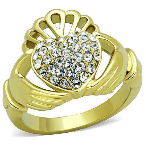 A beautiful women's ring made of stainless steel with IP gold plating and a clear synthetic crystal centerpiece, showcasing elegance and durability.