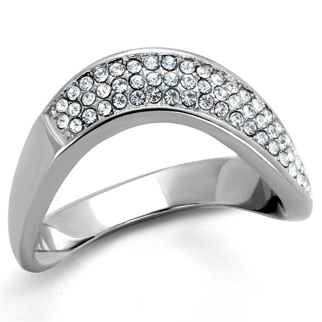 A beautiful women's stainless steel ring featuring a high-polished finish and a clear synthetic crystal centerpiece, showcasing elegance and durability.