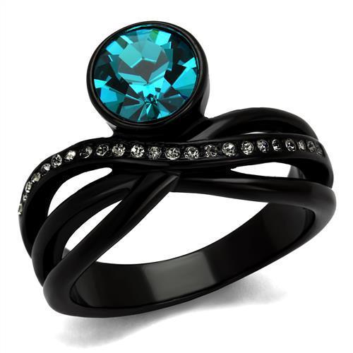 Elegant Women Stainless Steel Ring with Blue Zircon Synthetic Crystal and IP Black Ion Plating.