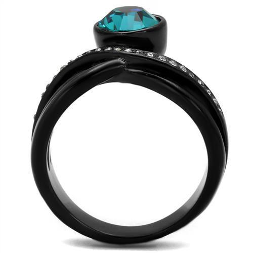 Elegant Women Stainless Steel Ring with Blue Zircon Synthetic Crystal and IP Black Ion Plating.