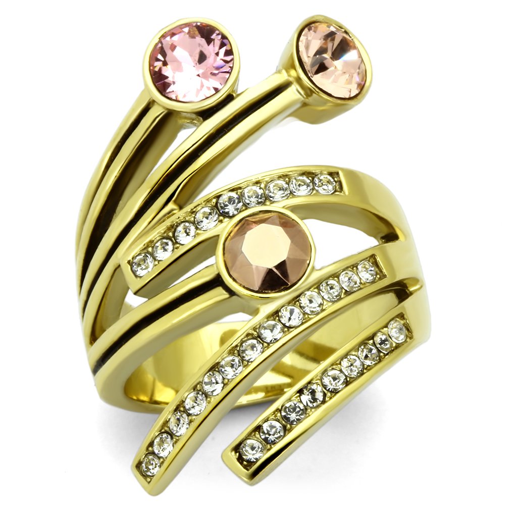A collection of Women Stainless Steel Synthetic Crystal Rings featuring vibrant colors and IP gold plating, showcasing their elegant design.
