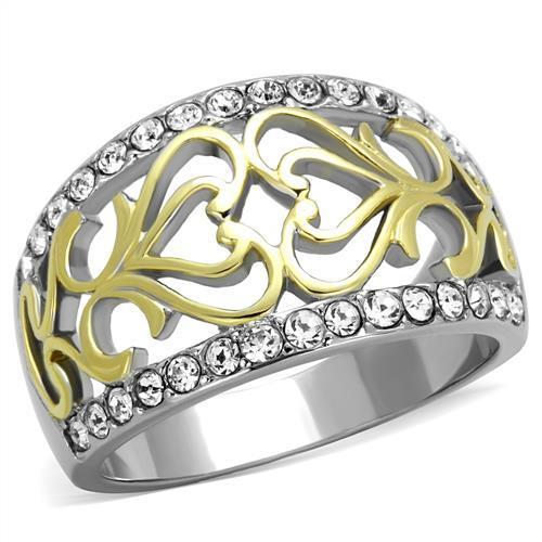 A beautiful two-tone stainless steel ring with clear synthetic crystals, showcasing elegance and durability for women.