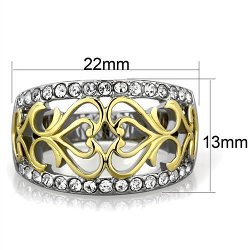 A beautiful two-tone stainless steel ring with clear synthetic crystals, showcasing elegance and durability for women.