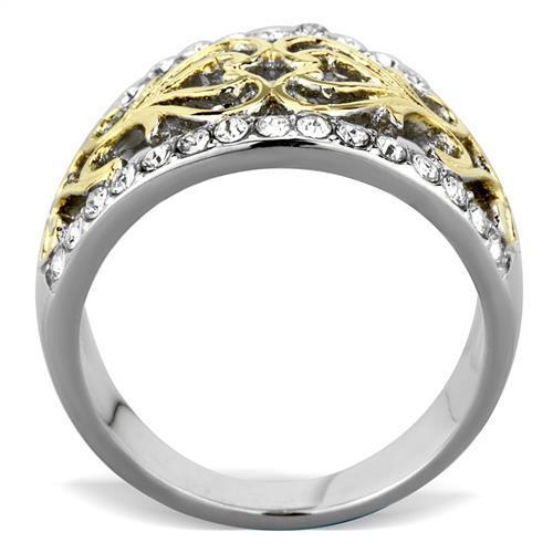 A beautiful two-tone stainless steel ring with clear synthetic crystals, showcasing elegance and durability for women.