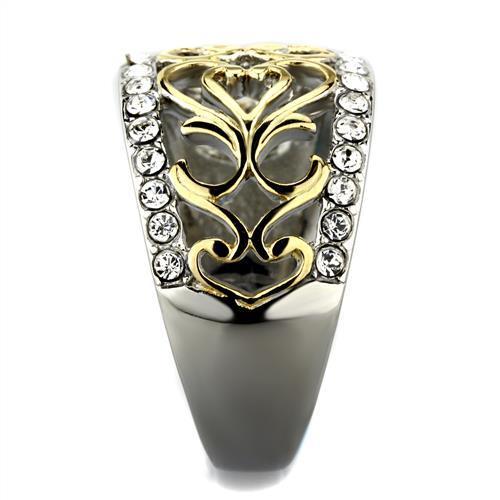 A beautiful two-tone stainless steel ring with clear synthetic crystals, showcasing elegance and durability for women.
