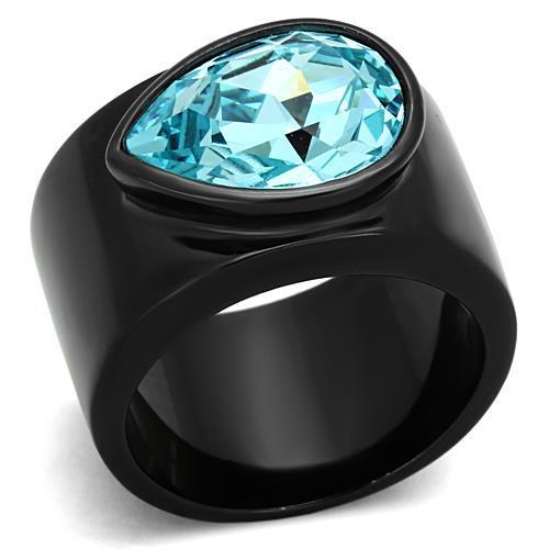 A stylish women's stainless steel ring featuring a light sapphire synthetic crystal in a pear shape with IP black ion plating.