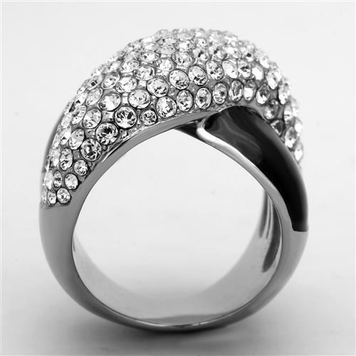 Elegant women’s stainless steel ring featuring a clear synthetic crystal, showcasing a high polished finish for a stunning look.