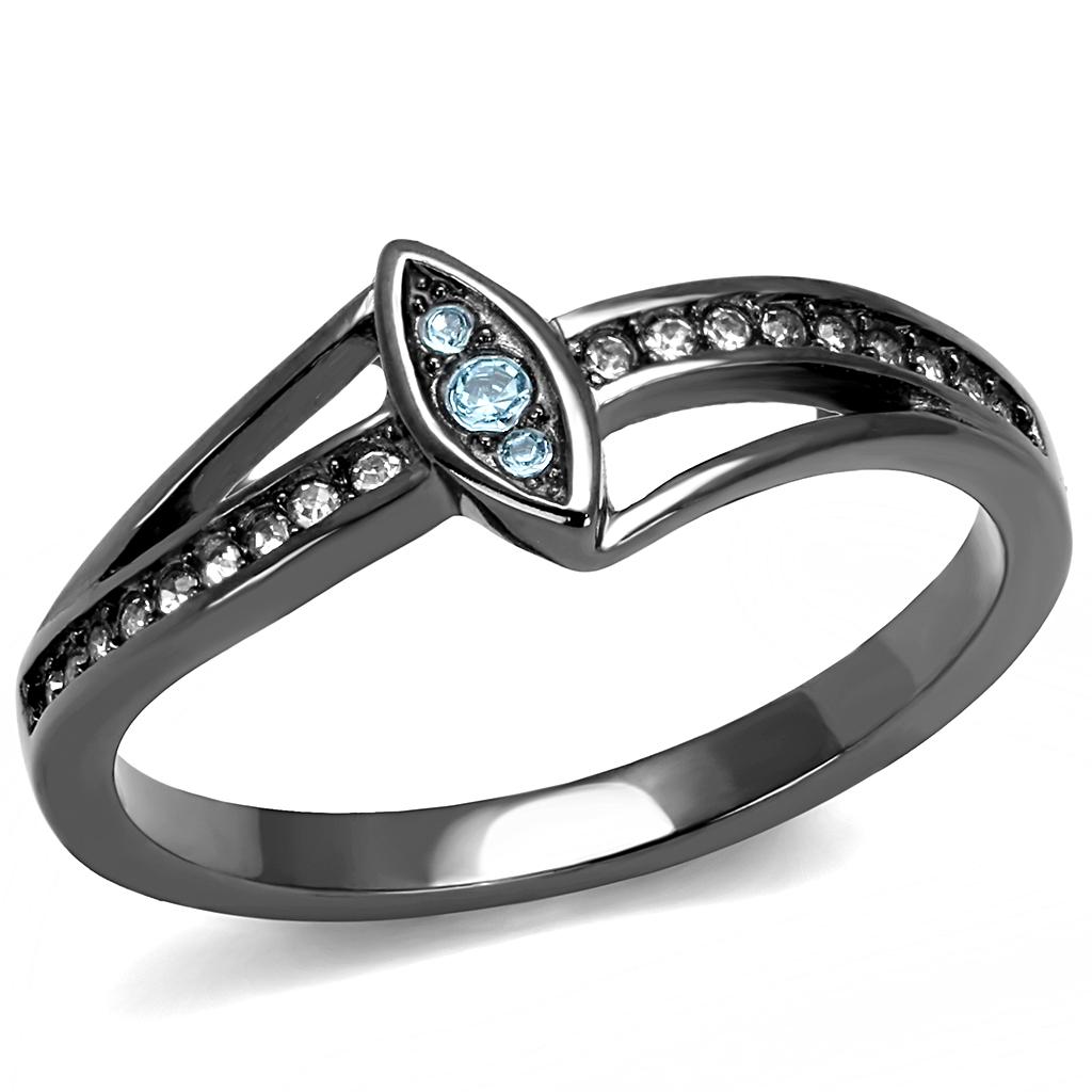 A stylish women’s stainless steel ring featuring a round sea blue synthetic crystal, showcasing a modern IP light black finish.