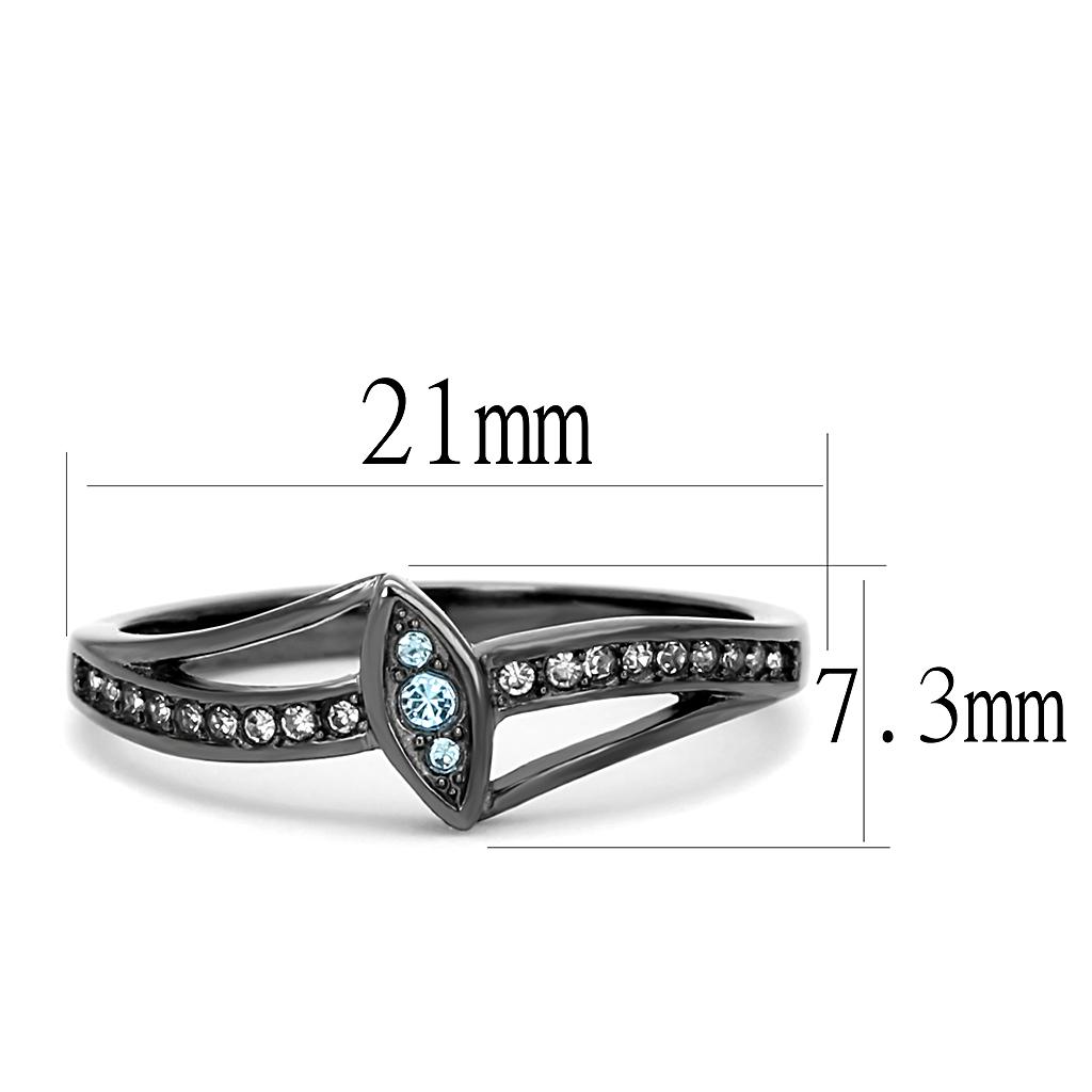 A stylish women’s stainless steel ring featuring a round sea blue synthetic crystal, showcasing a modern IP light black finish.