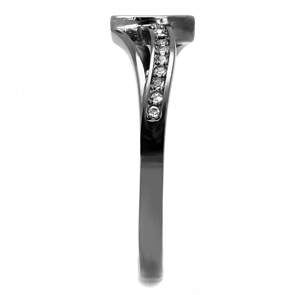 A stylish women’s stainless steel ring featuring a round sea blue synthetic crystal, showcasing a modern IP light black finish.