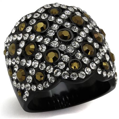 A stylish women’s stainless steel ring featuring synthetic crystals and an IP black finish with metallic light gold accents.