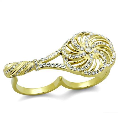 Elegant Women Stainless Steel Ring with Synthetic Crystal and IP Gold Finish, showcasing a clear sparkling design.