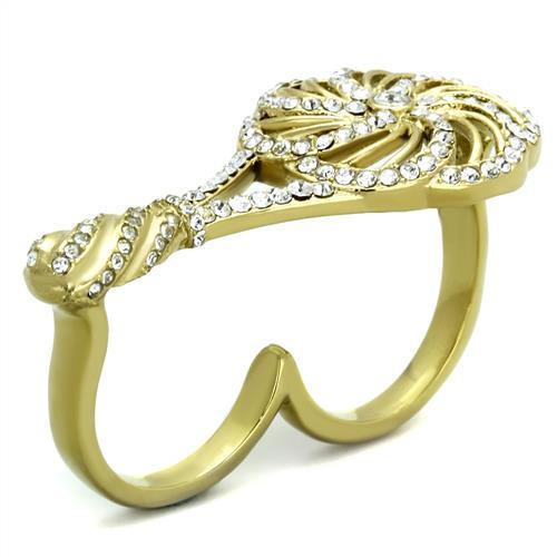 Elegant Women Stainless Steel Ring with Synthetic Crystal and IP Gold Finish, showcasing a clear sparkling design.