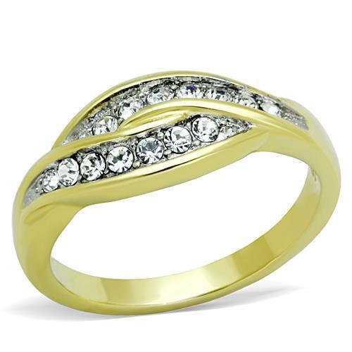 Elegant women’s ring made of stainless steel with two-tone IP gold plating and sparkling synthetic crystal accents.