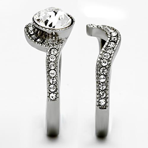 A beautiful women's stainless steel ring featuring a high-polished finish and a clear synthetic crystal centerpiece, showcasing elegance and durability.