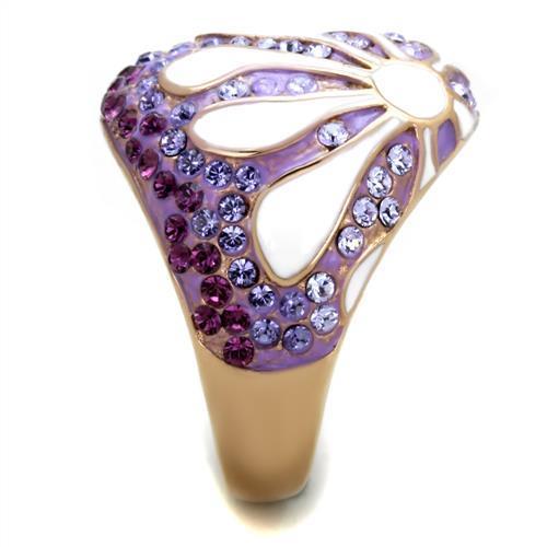 A collection of elegant women stainless steel rings featuring synthetic crystals in various colors and an IP rose gold finish.